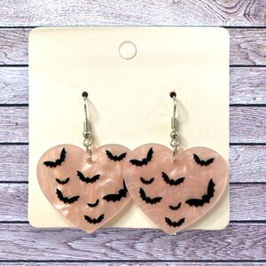 Pearl iridescent Pink Black Bat Heart Drop Earrings Halloween Bats Acrylic